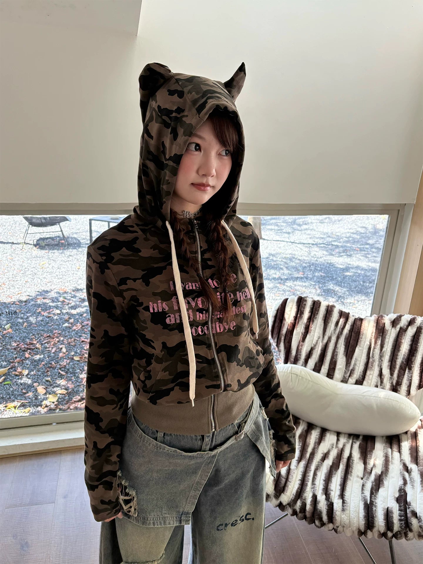Devil Horn Hooded Print Zipper Hoodie