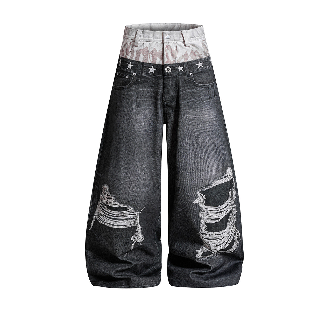 Star Damage Washed Wide Leg Denim Jeans
