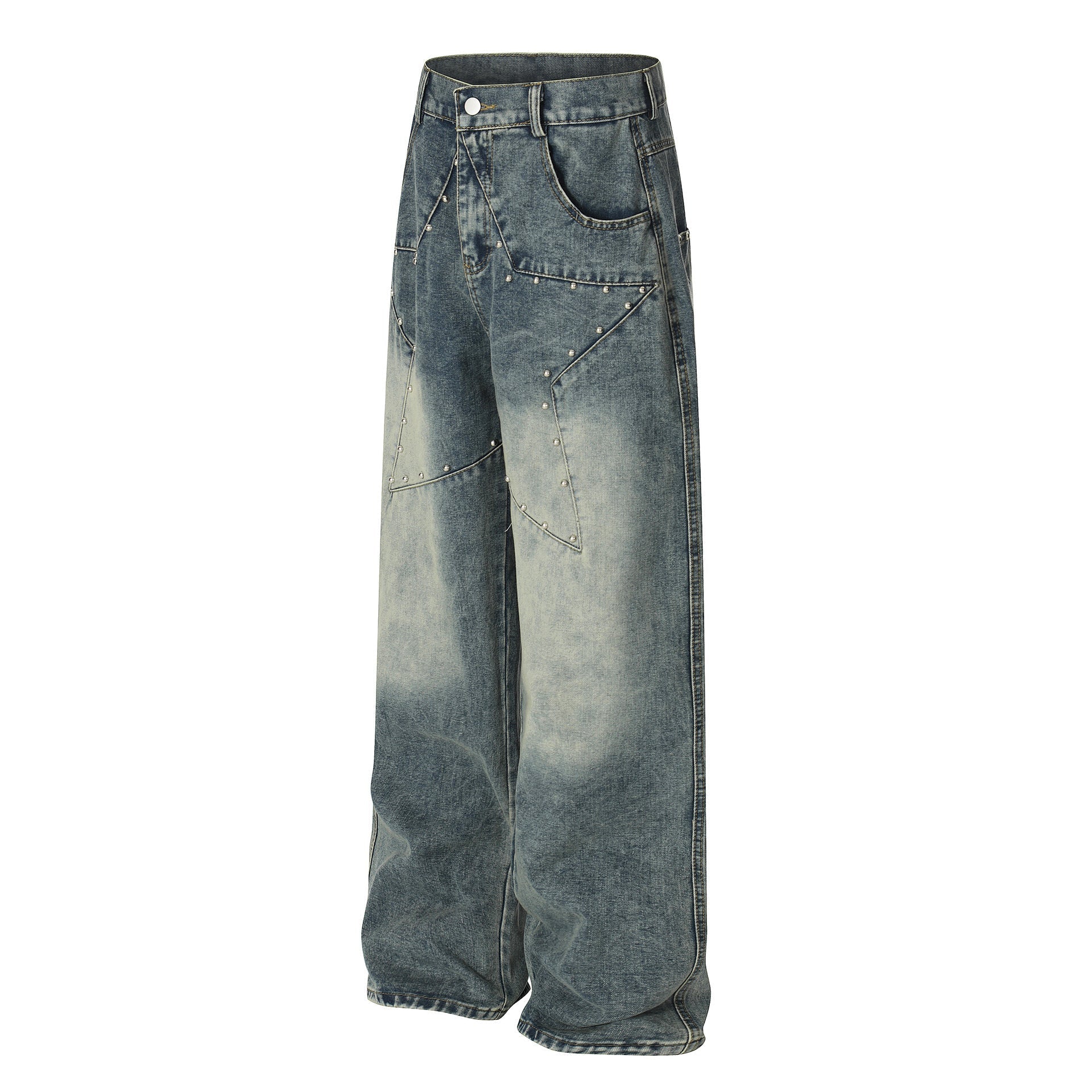 Star Patch Rivet Wide Leg Denim Jeans