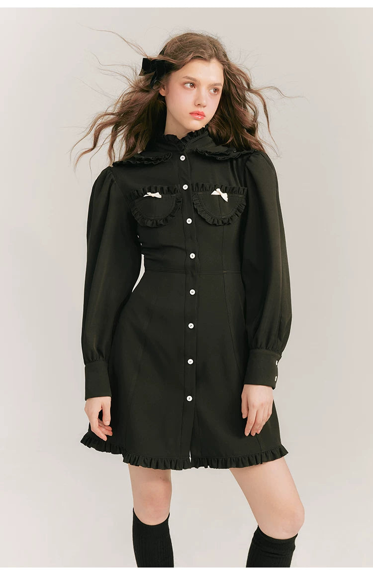 Double Neck Long Sleeve Shirt Dress