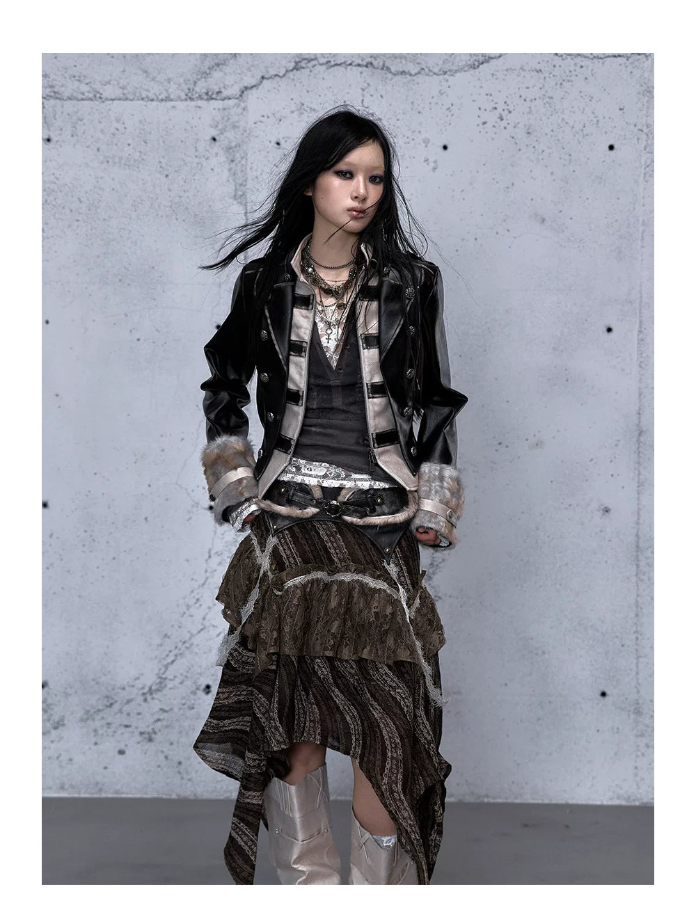Standing-Collar Belt Detail Fake Fur Cuff PU Leather Jacket