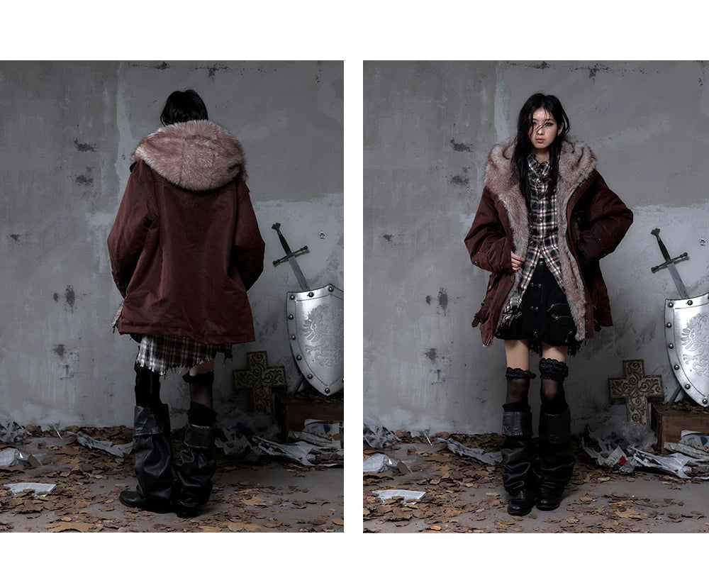 Fake Fur Hooded Multi-Pocket Buckle Detail Jacket