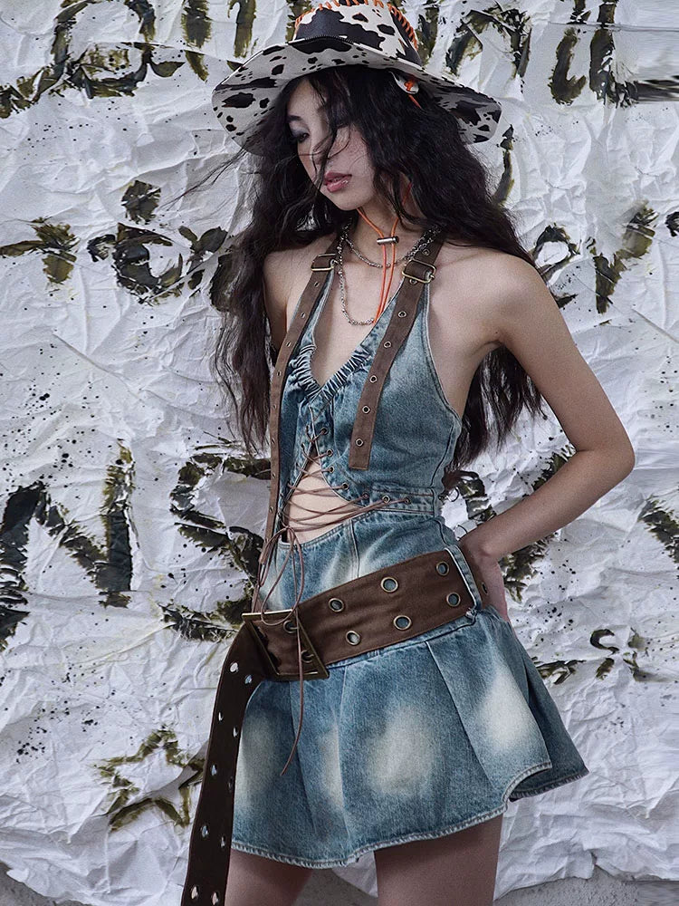 Denim Hollow-Out Tie-Strap Short Pleats Dress