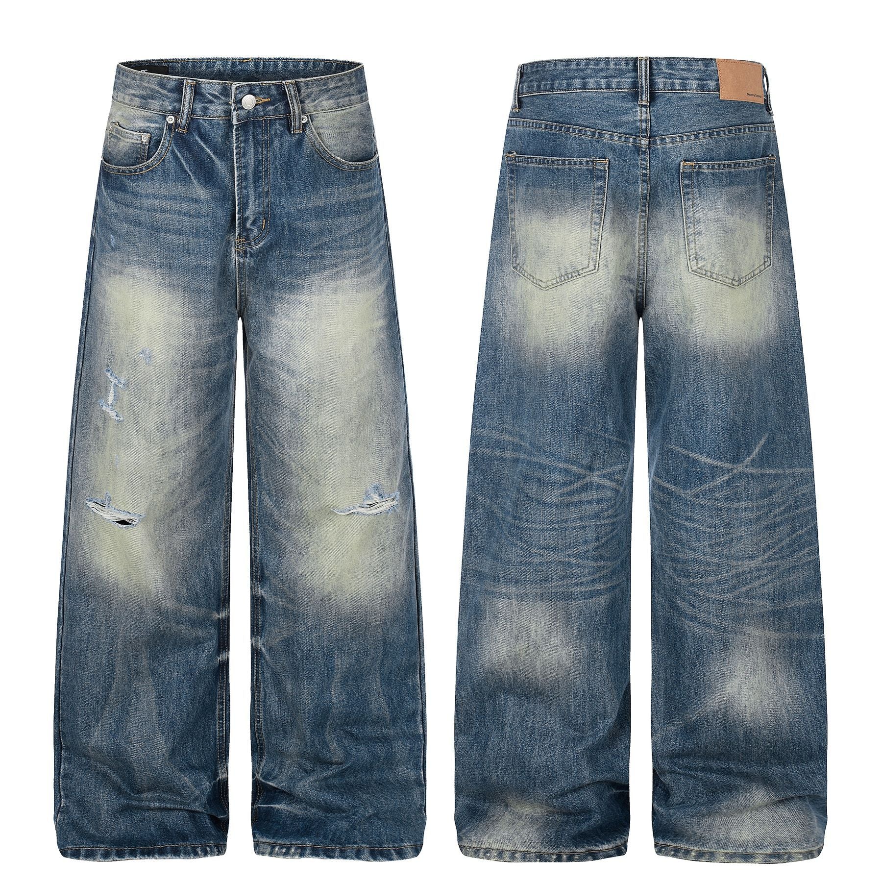 Washed Whisker Damage Wide Leg Denim Jeans