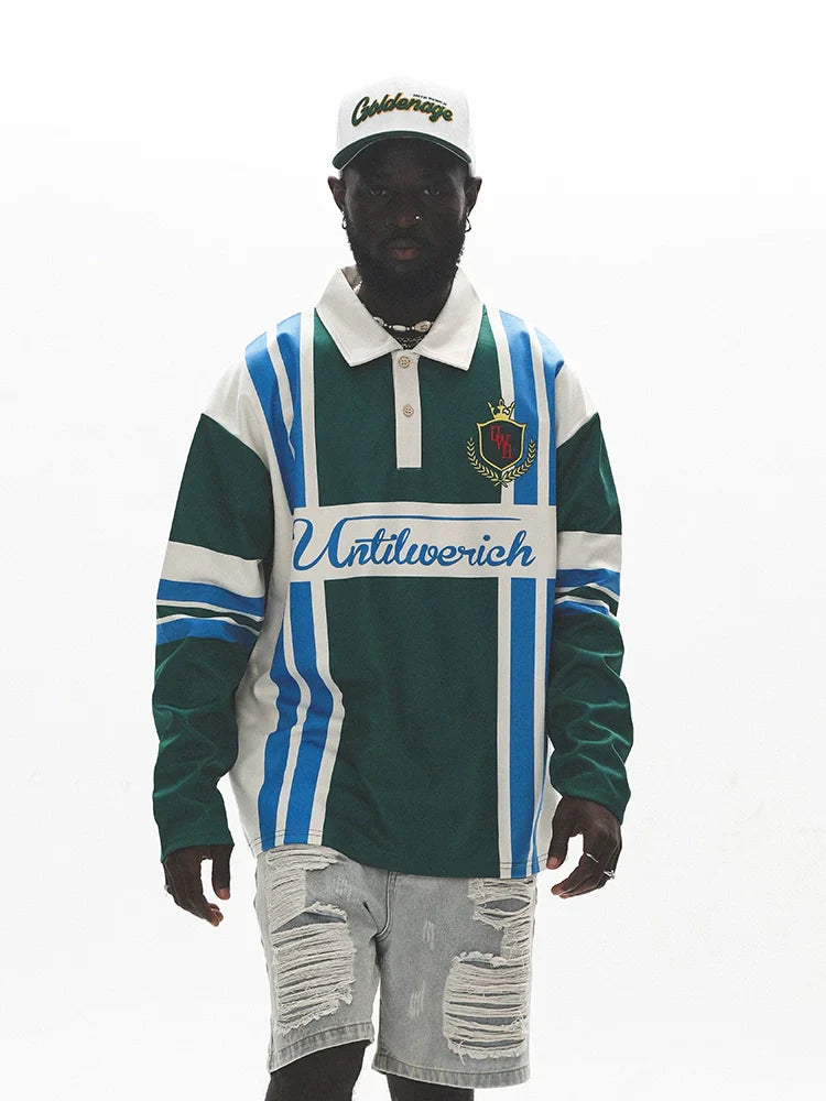 Color Block Vertical Stripe Long Sleeve Polo Shirt