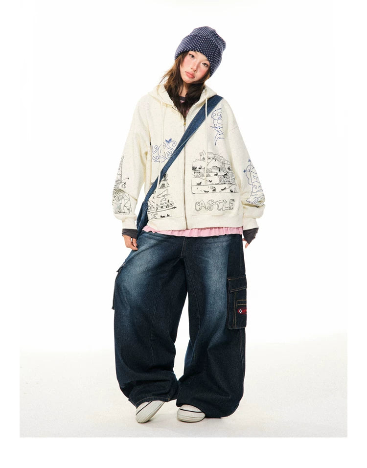 Graphic Print Oversize Zipper Hoodie