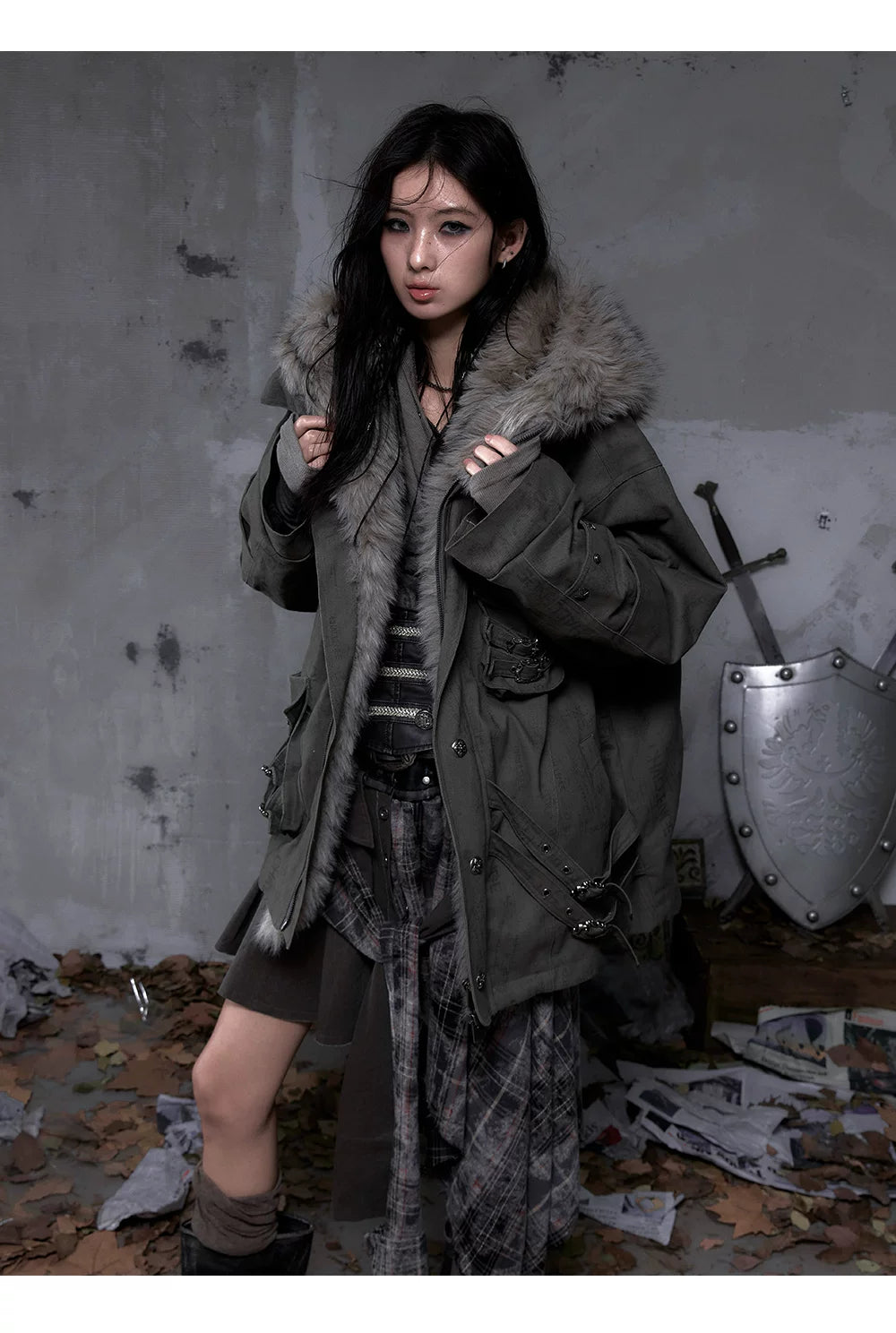 Fake Fur Hooded Multi-Pocket Buckle Detail Jacket