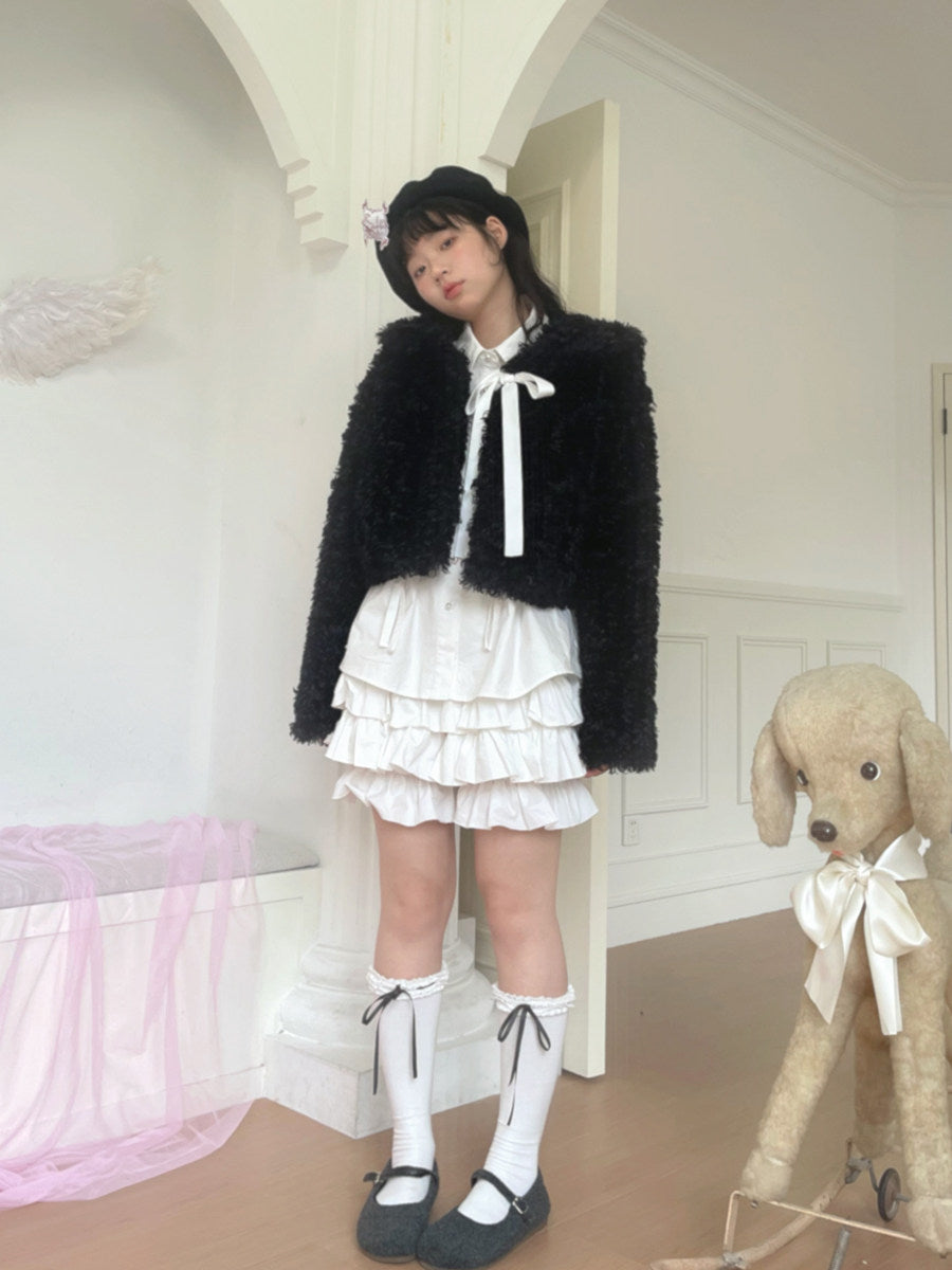 Fake Fur Bow Tie Plush Jacket