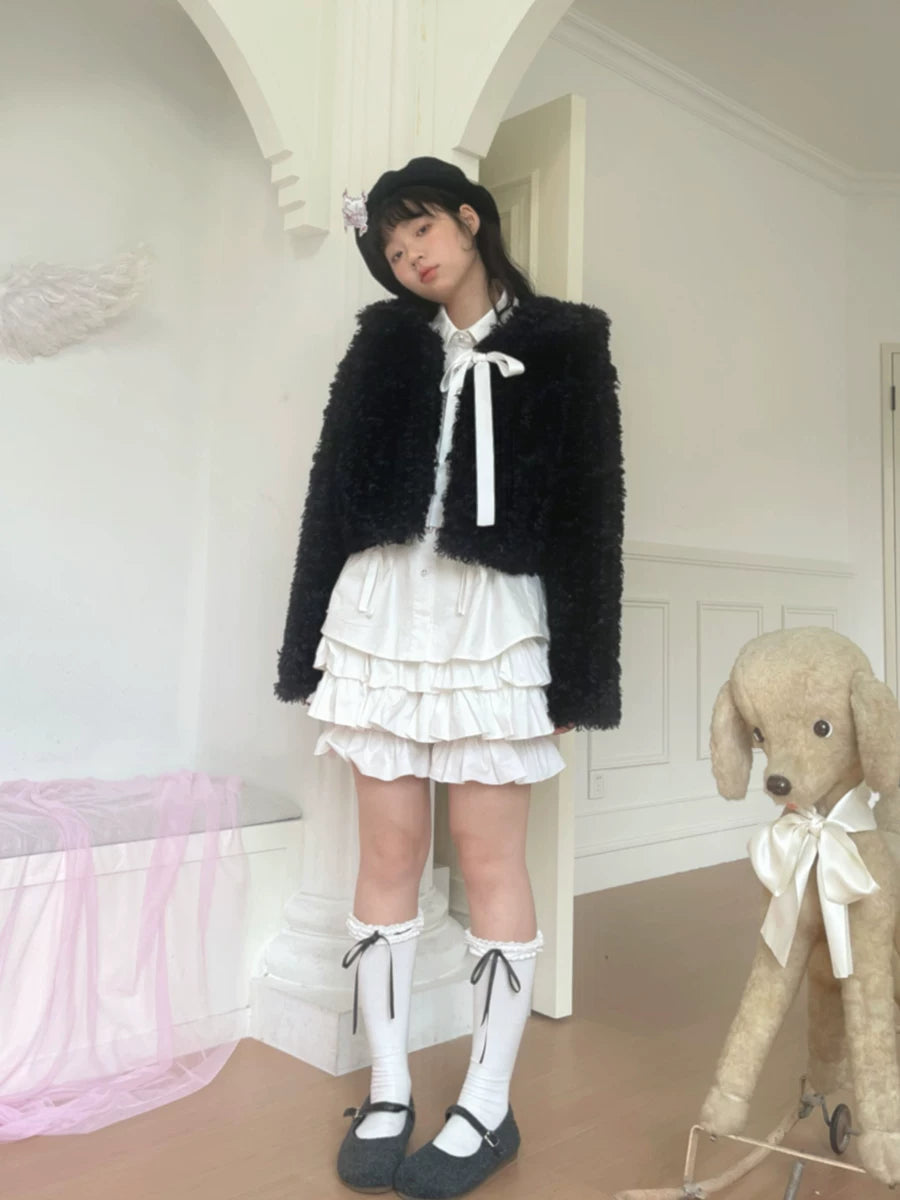 Fake Fur Bow Tie Plush Jacket