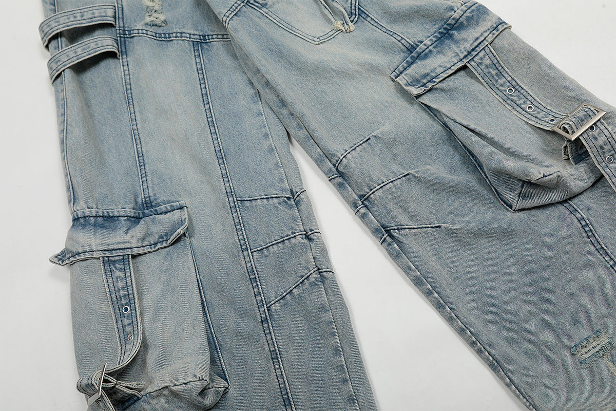 Washed Curved Multi Pocket Wide Leg Cargo Denim Jeans