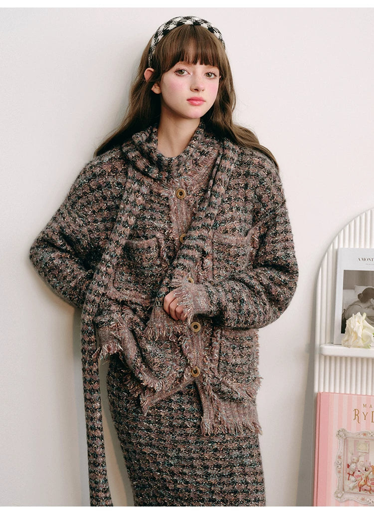 Plaid Button Cardigan & Scarf & Long Skirt Setup