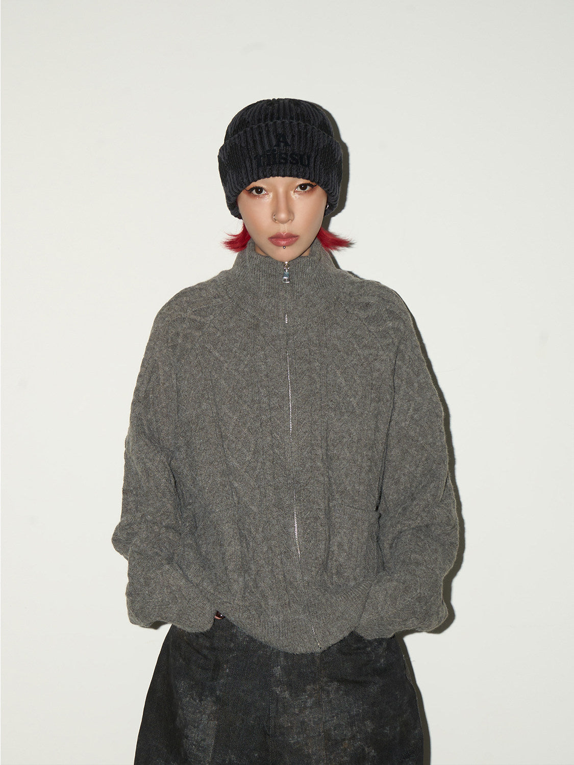 Cable Knit Stand Neck Zipper Knit Cardigan