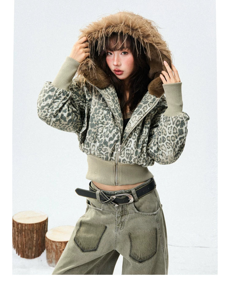 Leopard Print Fur-Trim Hood Puffer Jacket