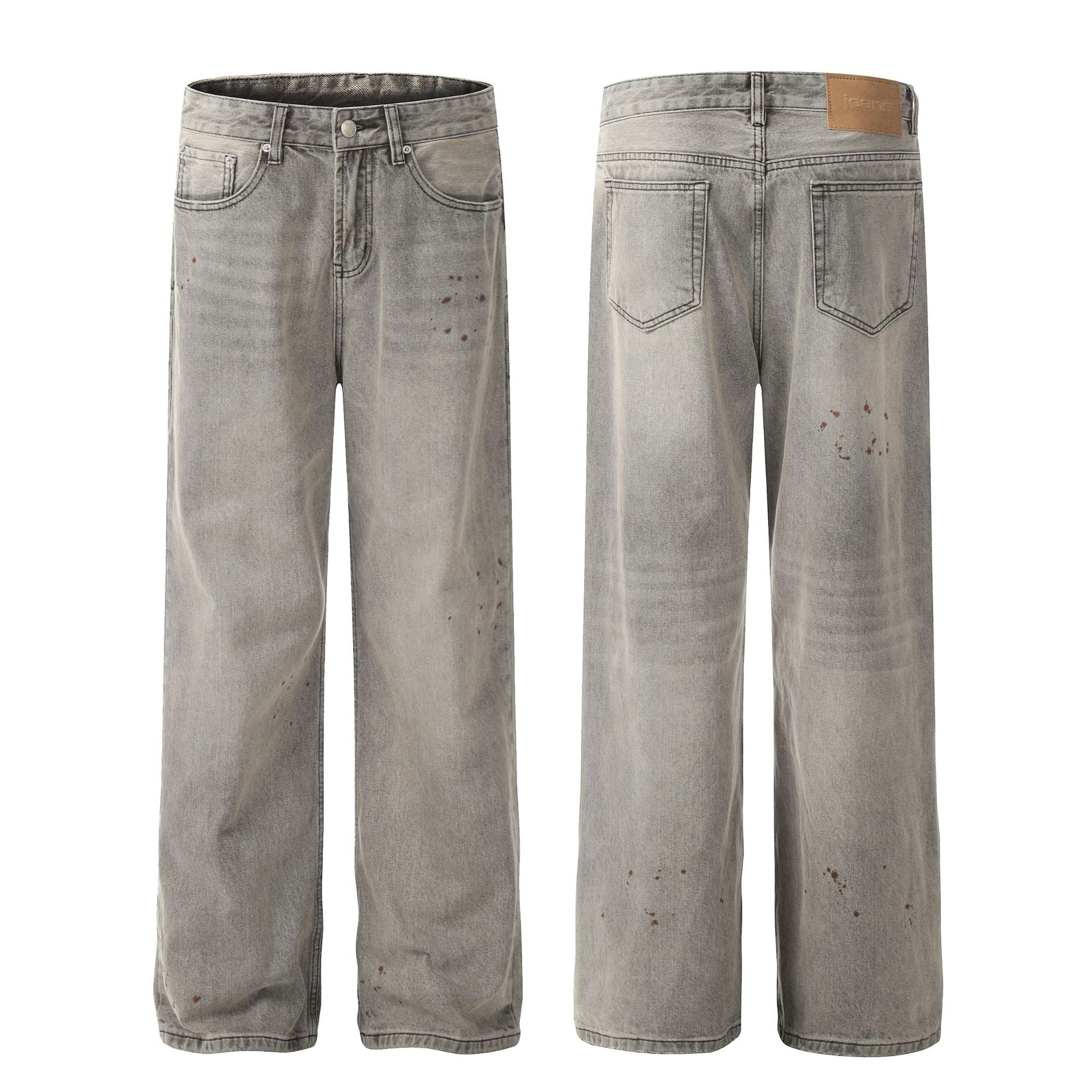 Washed Damage Straight Wide Leg Denim Jeans