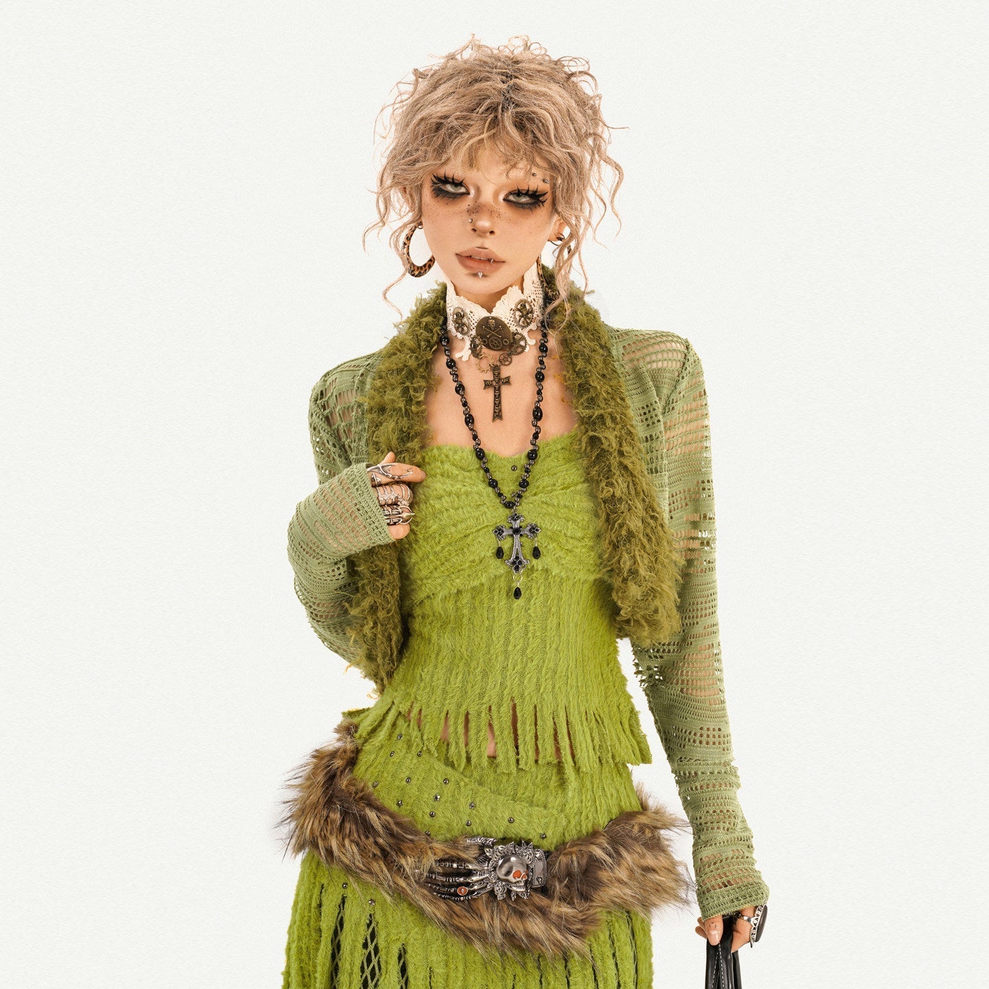 Fake Fur Patchwork Mesh Knit Cardigan & Tube Top & Mesh Long Skirt Setup