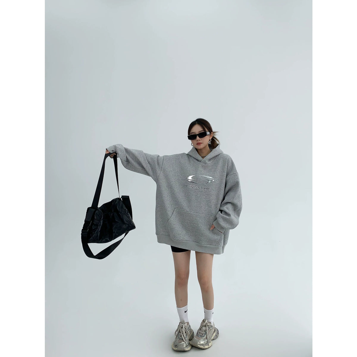 Silver Logo Print Oversized Hoodie