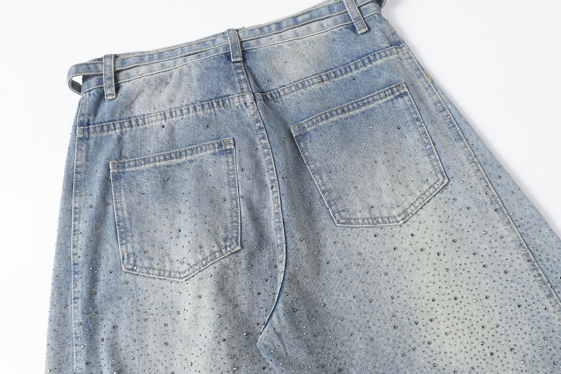Rhinestone Drawstring Wide Leg Denim Jeans