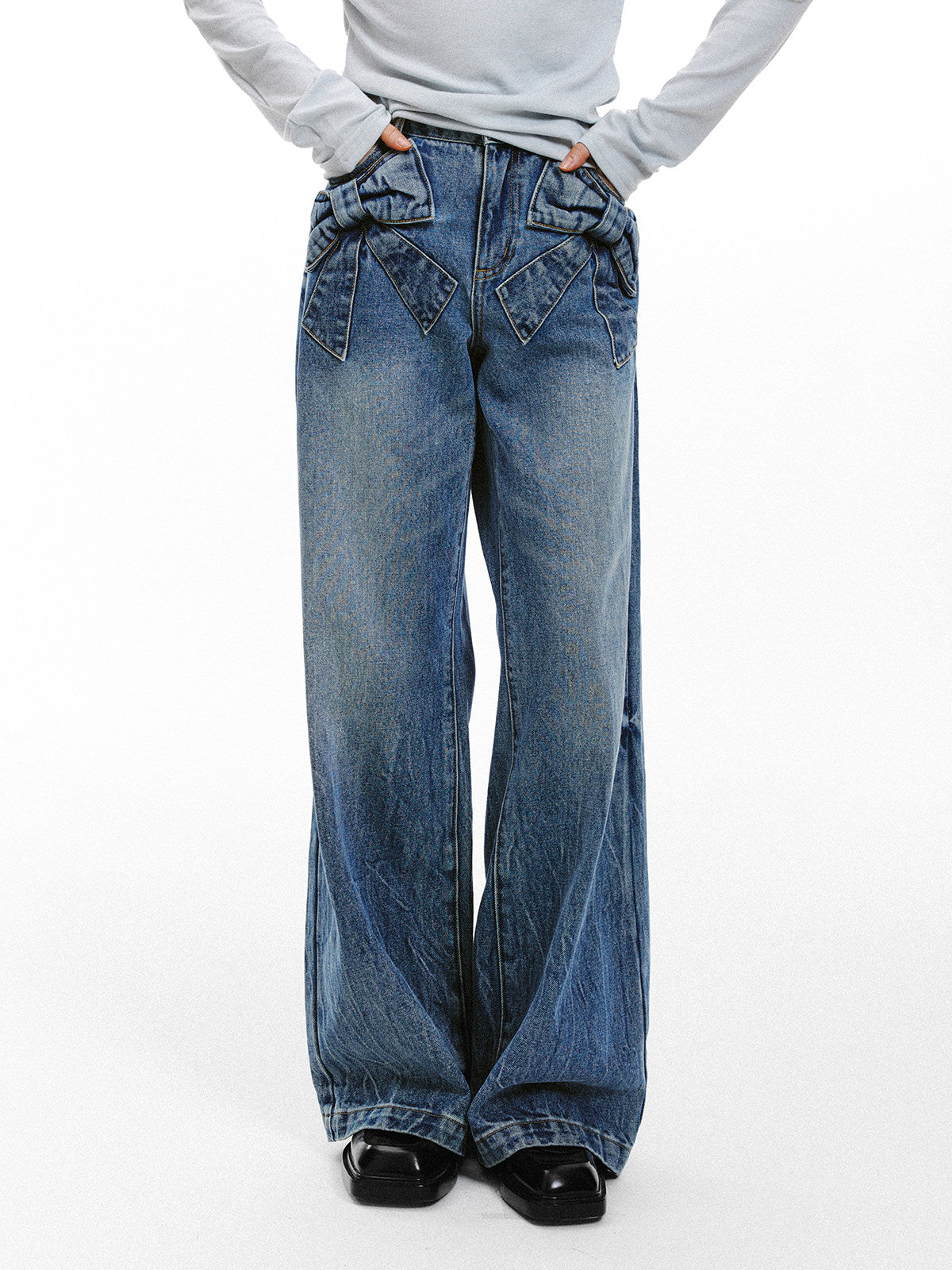 Bow Detail Wide-Leg Denim Jeans