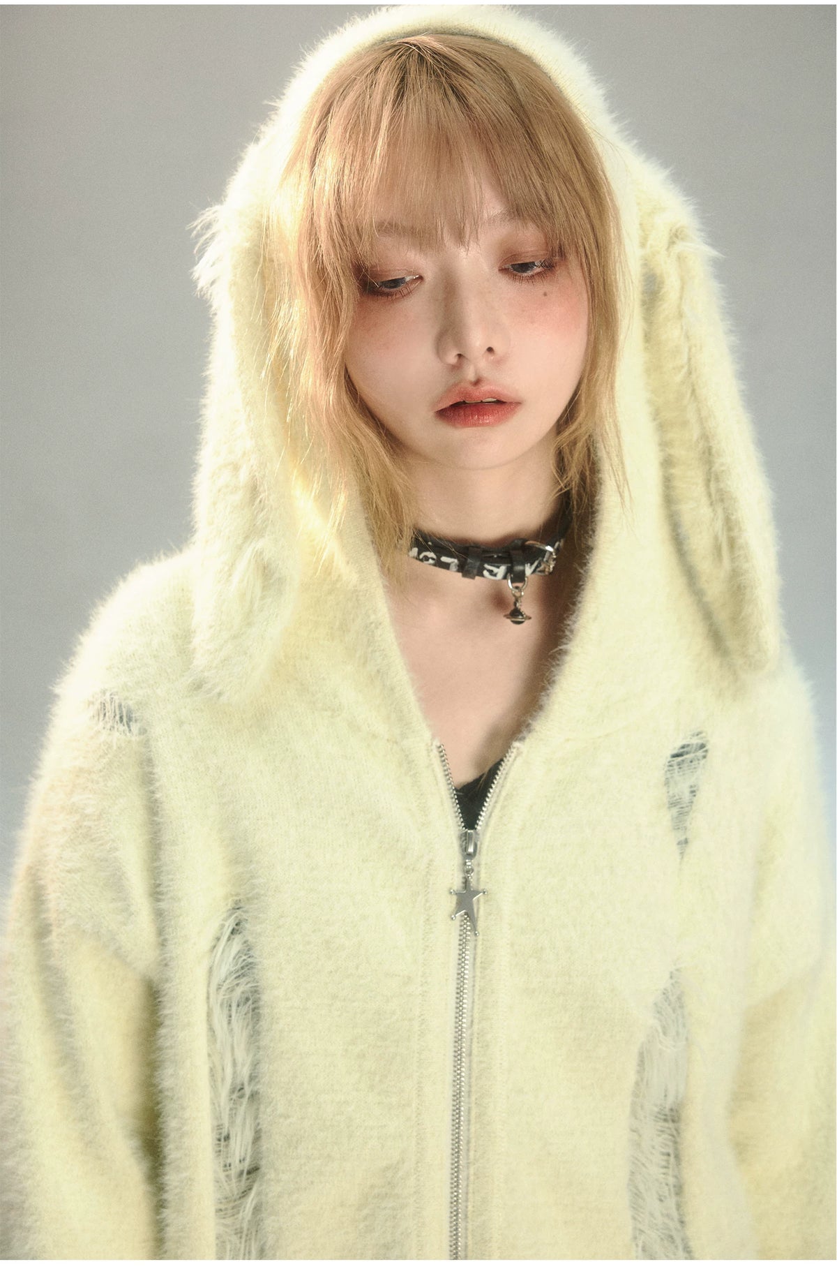 Rabbit Ear Zipper Knit Hoodie