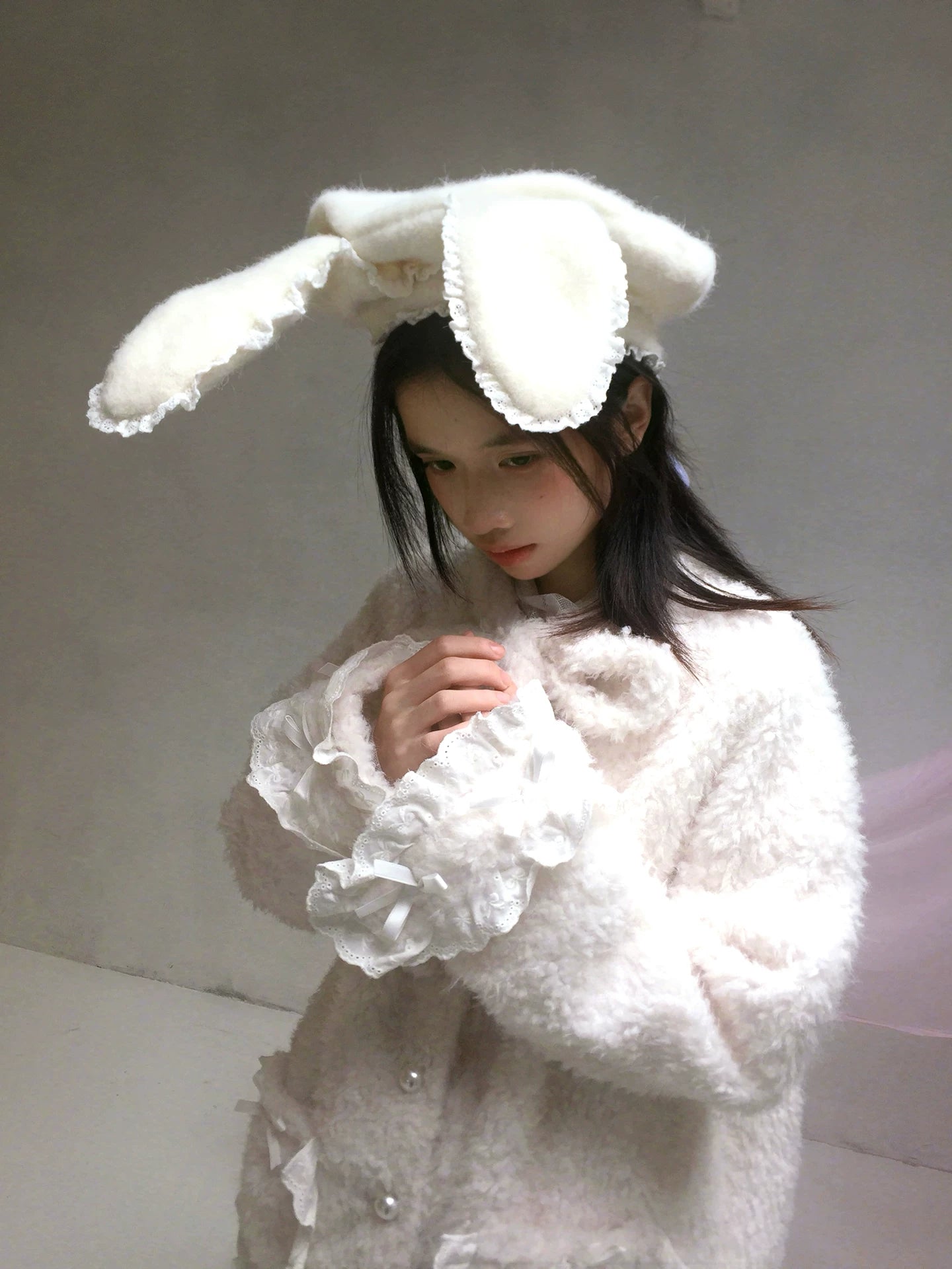 Plush Bow Ruffle Long Coat
