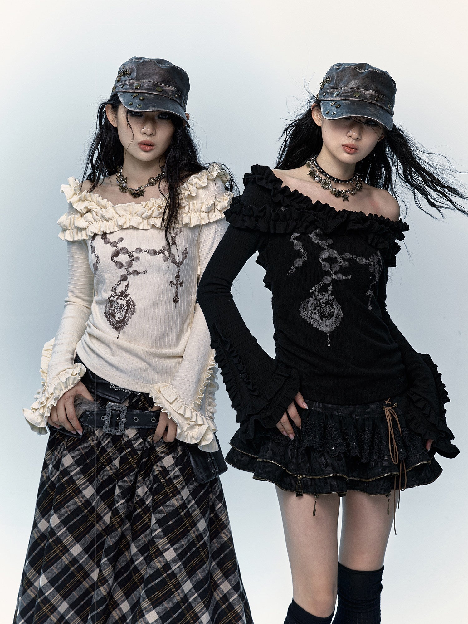 Ruffle Print Flare Sleeve Long Sleeve T-Shirt