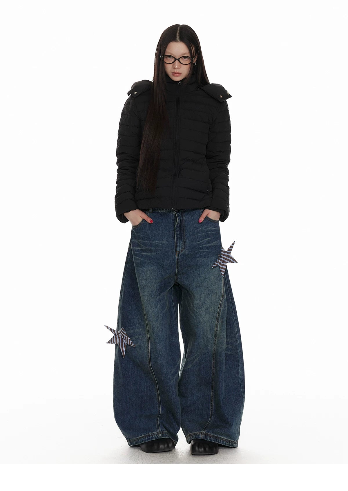 Star Patch Washed Wide-Leg Denim Jeans