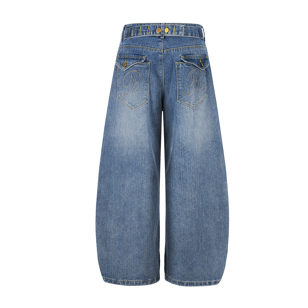 Washed Logo Embroidery Wide Leg Denim Jeans