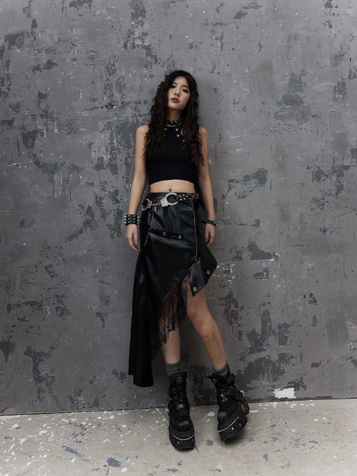 Asymmetric PU Leather Mesh Patchwork Skirt
