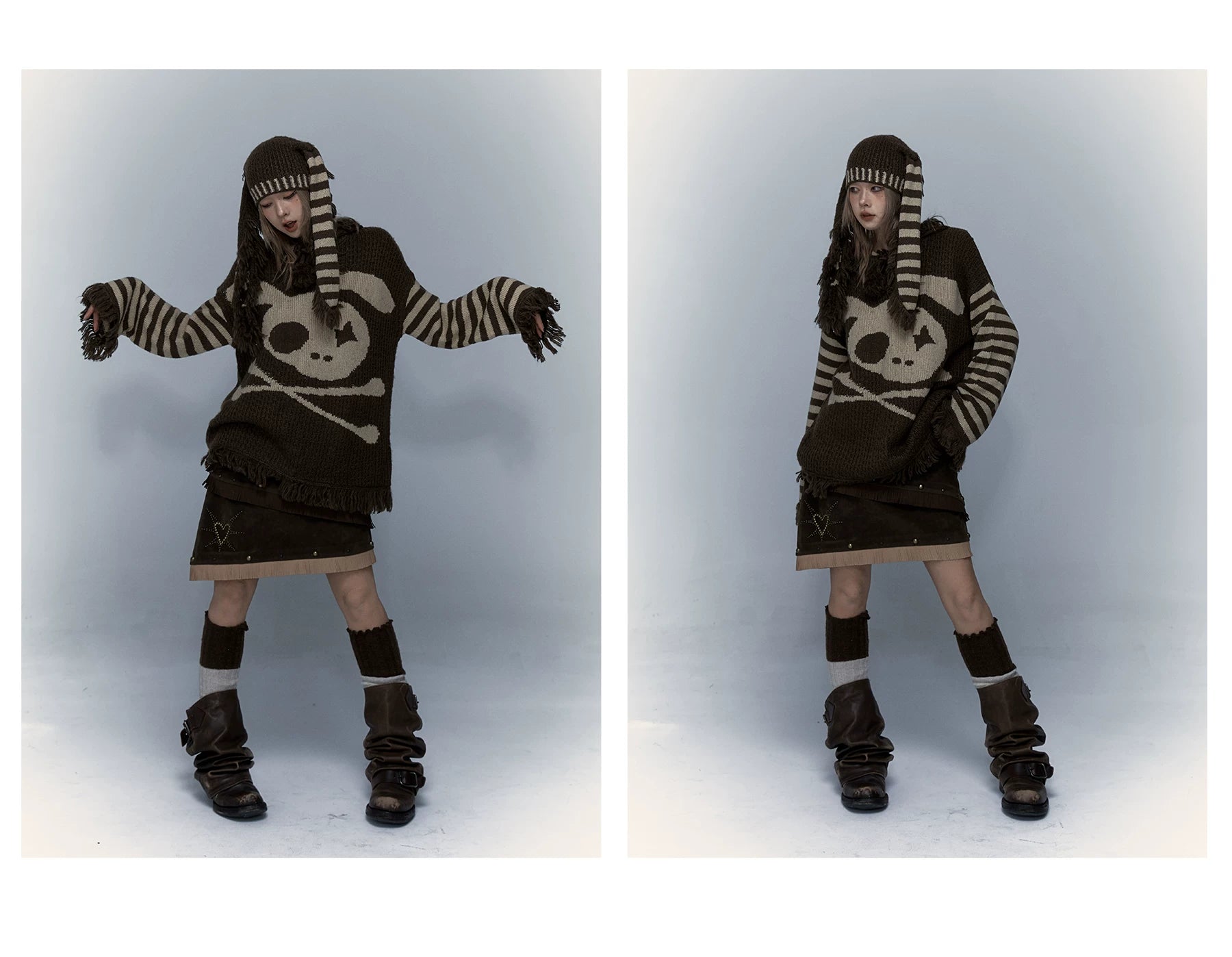 Skull Print Stripe Oversize Knit Hoodie