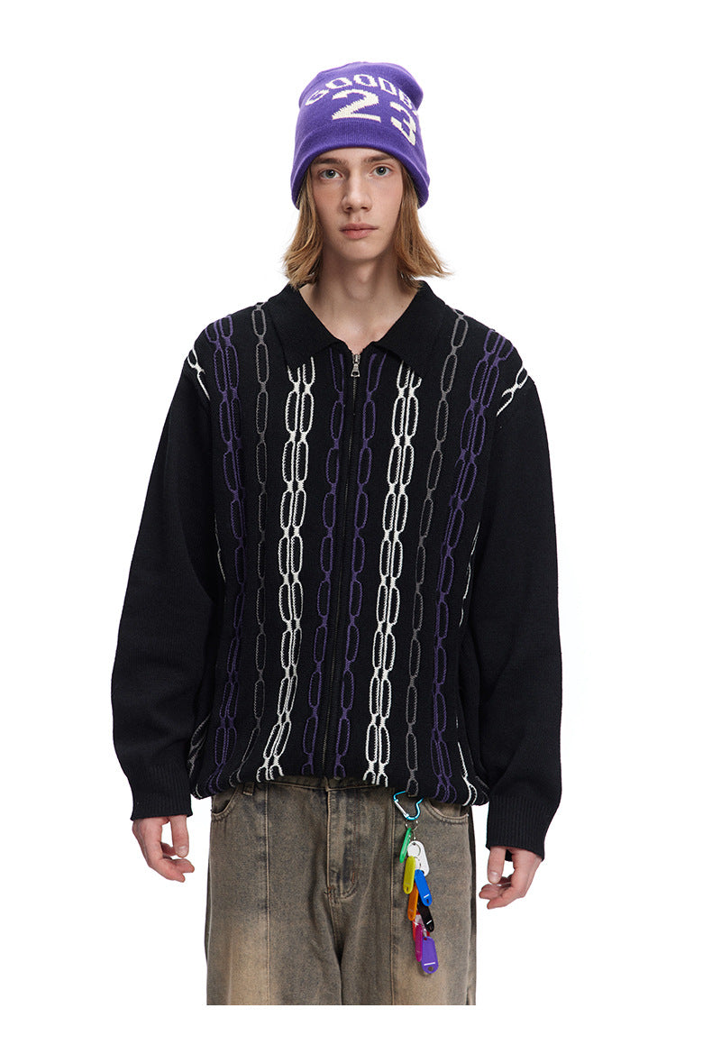 Unisex Jacquard Chunky Knit Zipper Sweater
