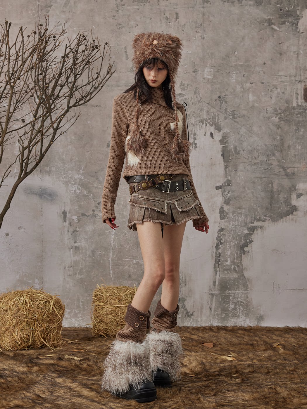 Patchwork Knit Button Fuzzy Leg Warmers