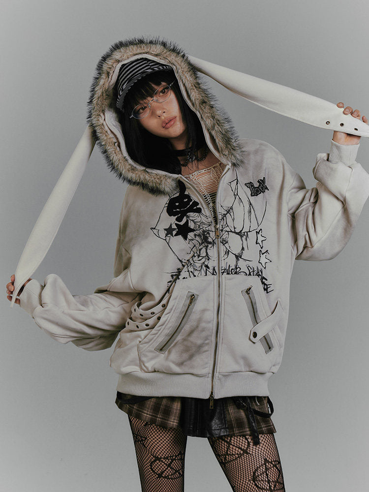 Graphic Fake Fur Hood Bunny Ear Zipper Hoodie Jacket