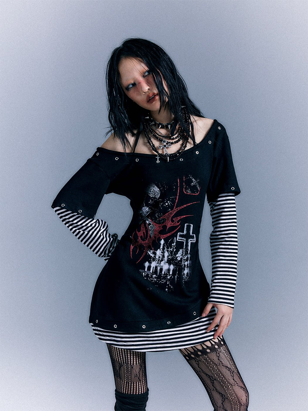 Light Punk Stripe Long Sleeve Graphic Waist-Cinching T-Shirt Dress