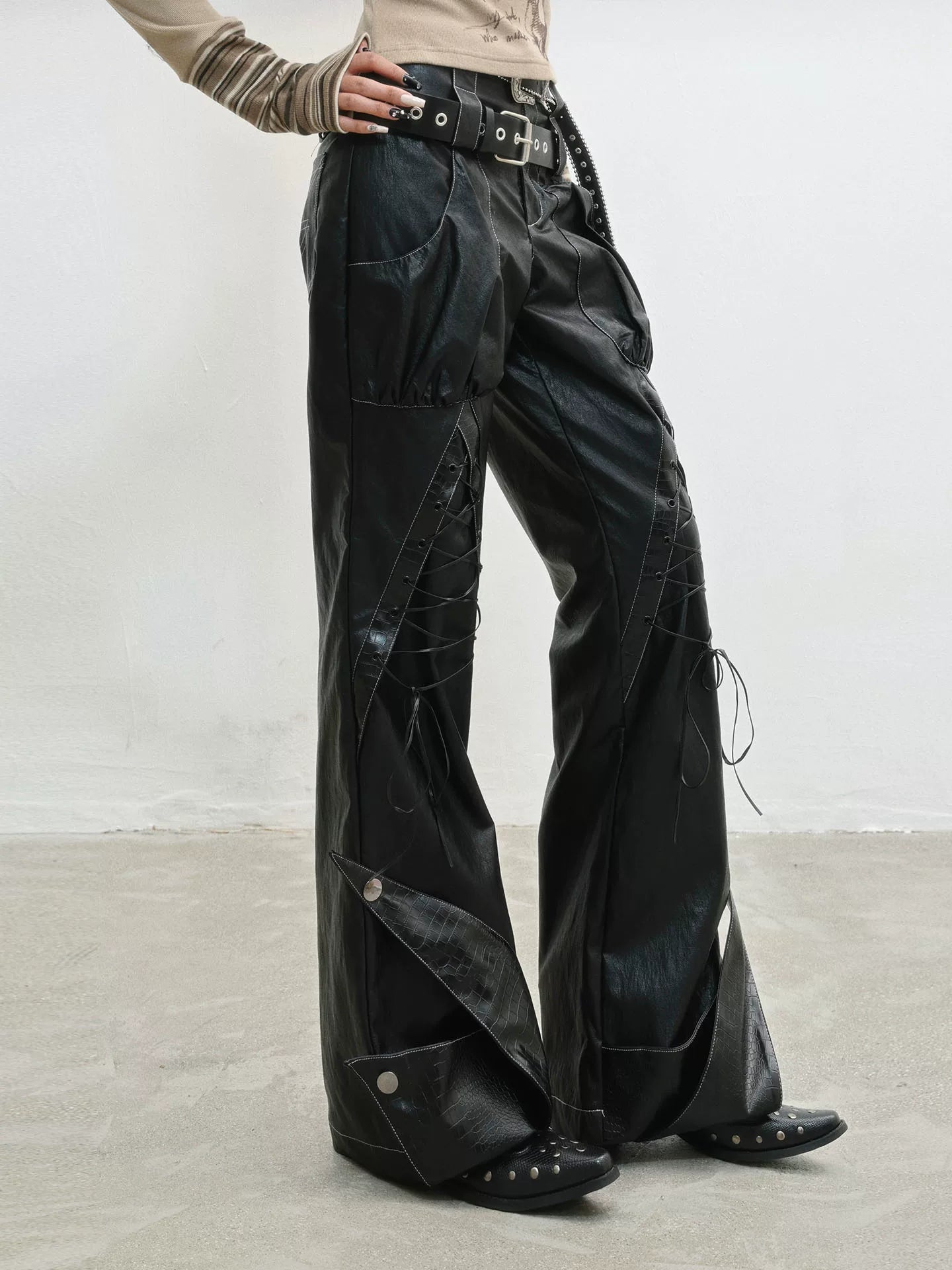 Original Design Lace-Up Double Waistband Structural PU Leather Pants