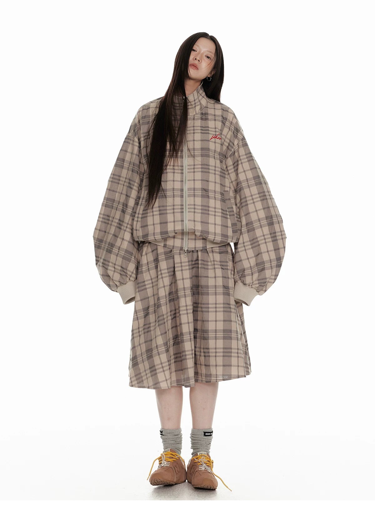 Hollow Star Stand Neck Recersible Jacket & Recersible Plaid Skirt Setup