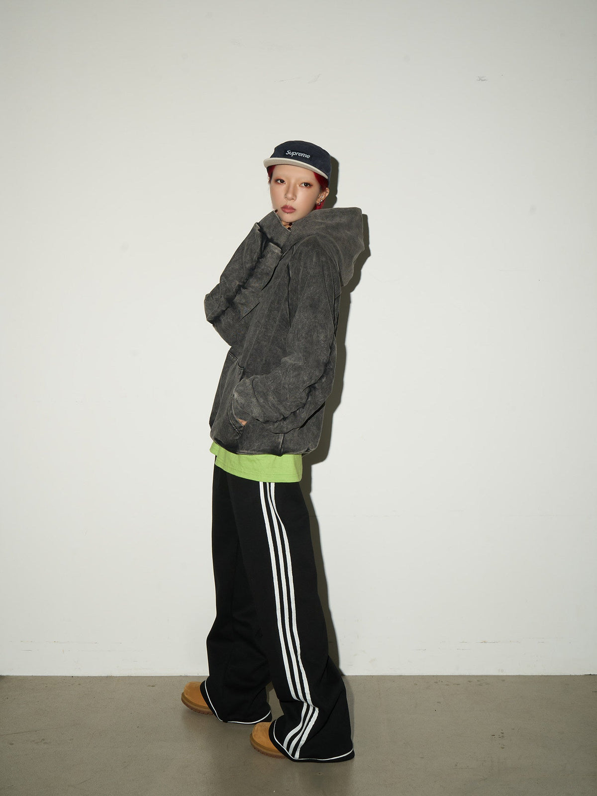 Washed Pleated Sleeve Oversize Pullover Hoodie
