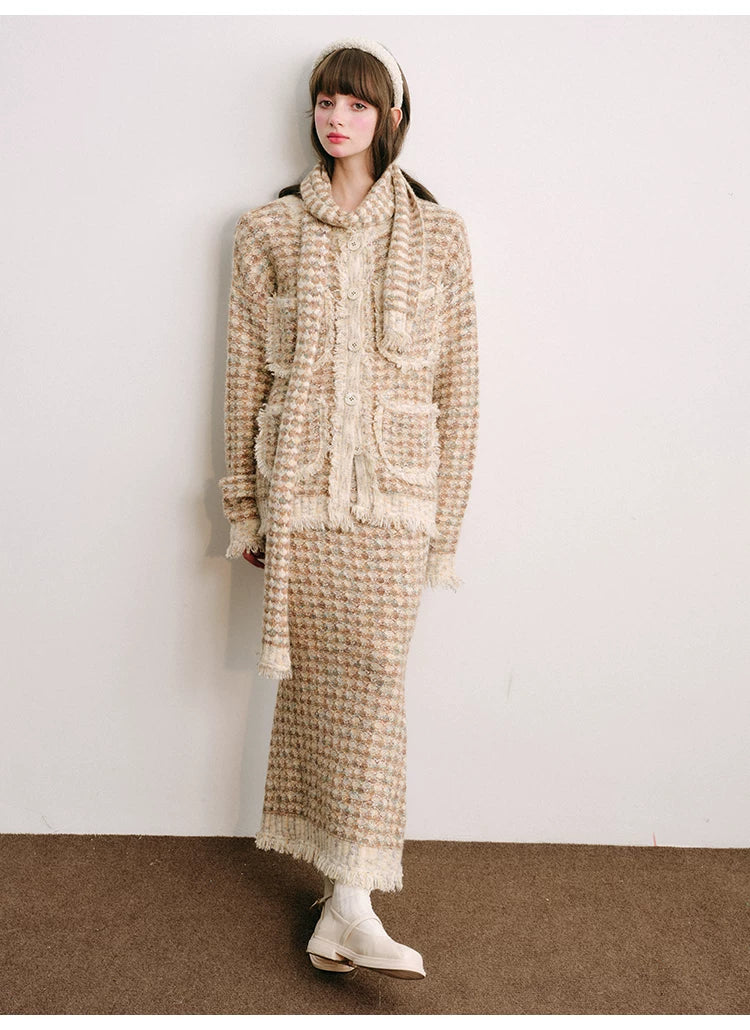 Plaid Button Cardigan & Scarf & Long Skirt Setup