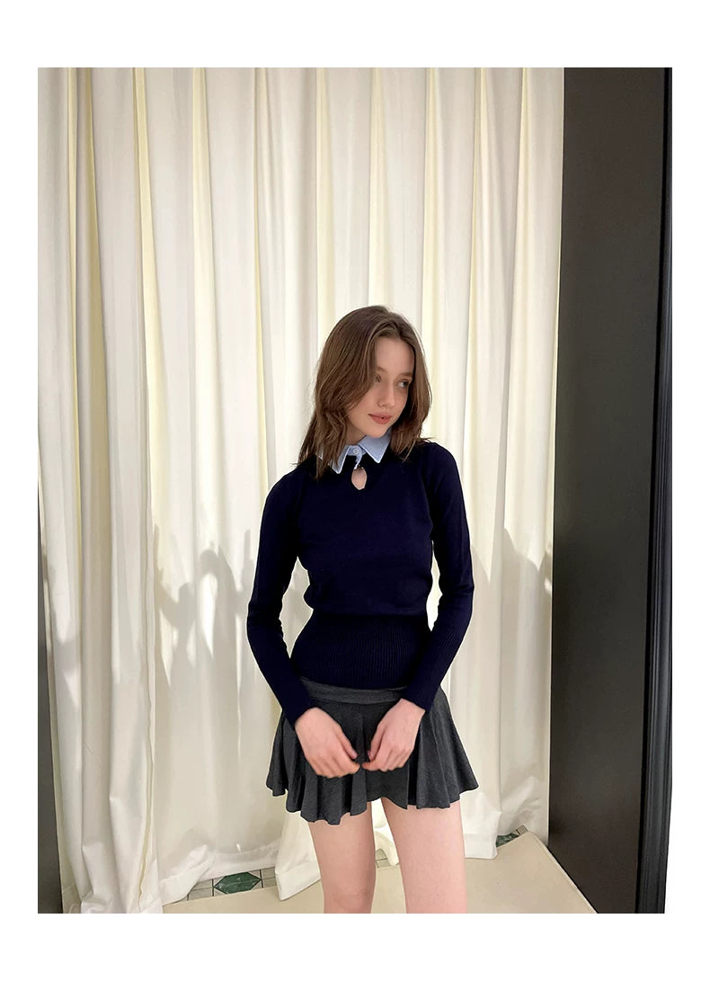 Collar Knit Sweater & Pleats Short Skirt Setup