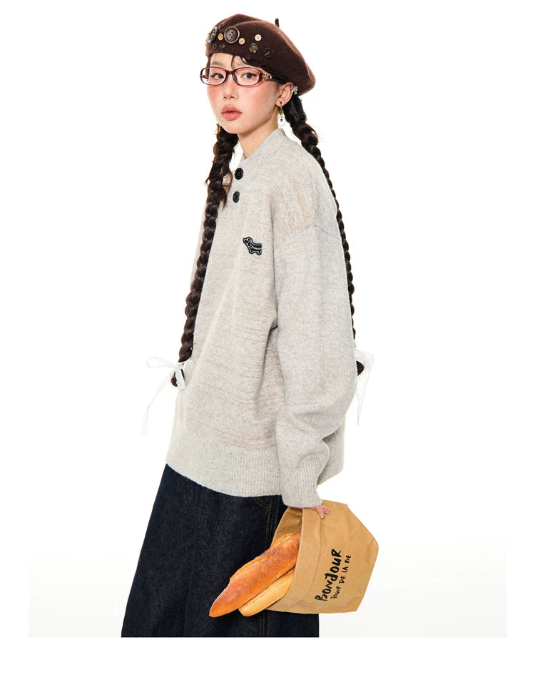 Button-Detail Stand Neck Knit Sweater