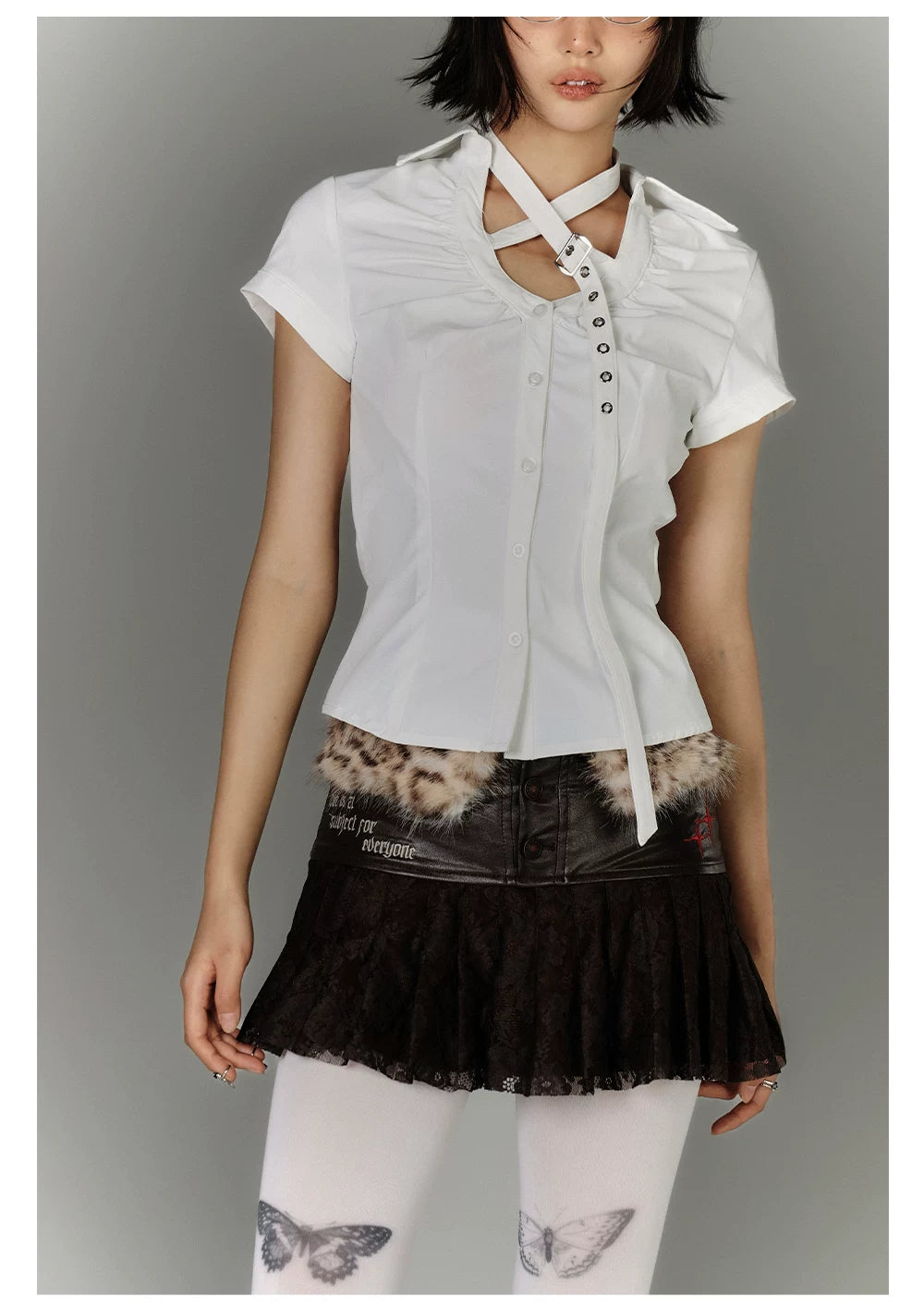 Button Strap Detail Fitted Short Sleeve Shirt