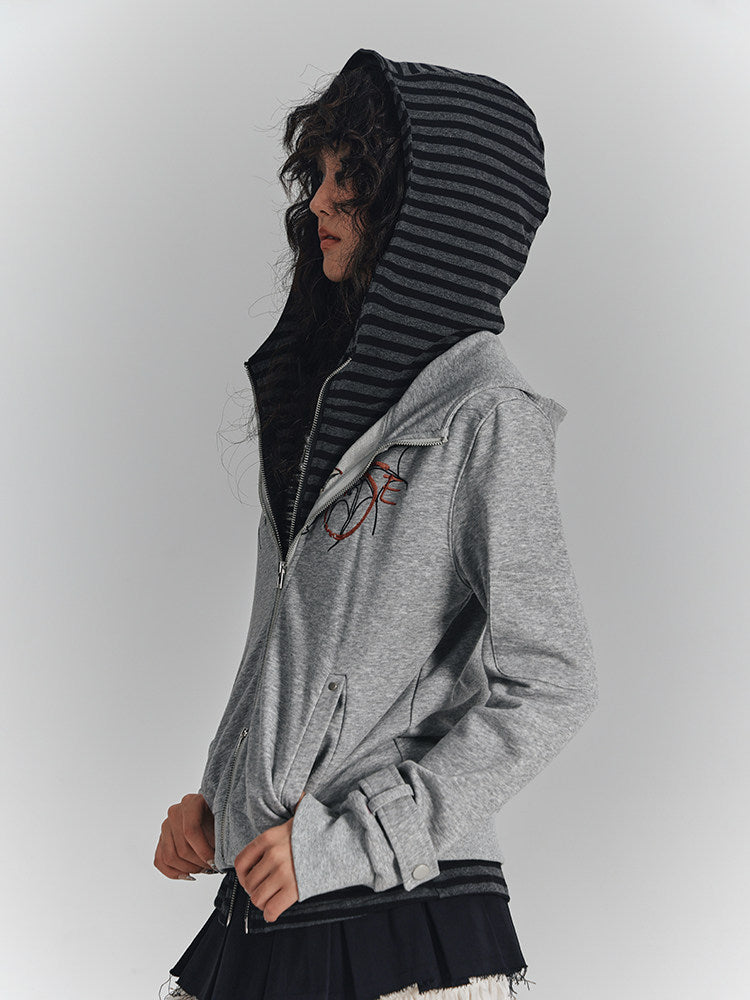 Embroidery Fake Layered Double Zipper Hoodie