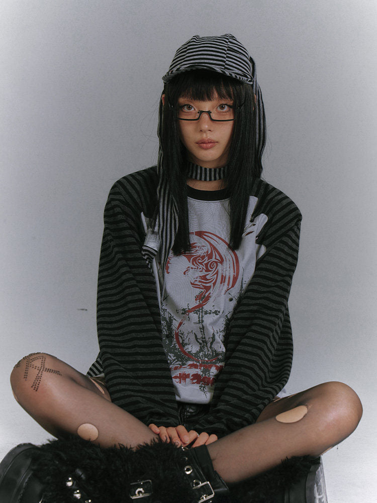 Raglan Stripe Damage Patchwork Long Sleeve T-Shirt