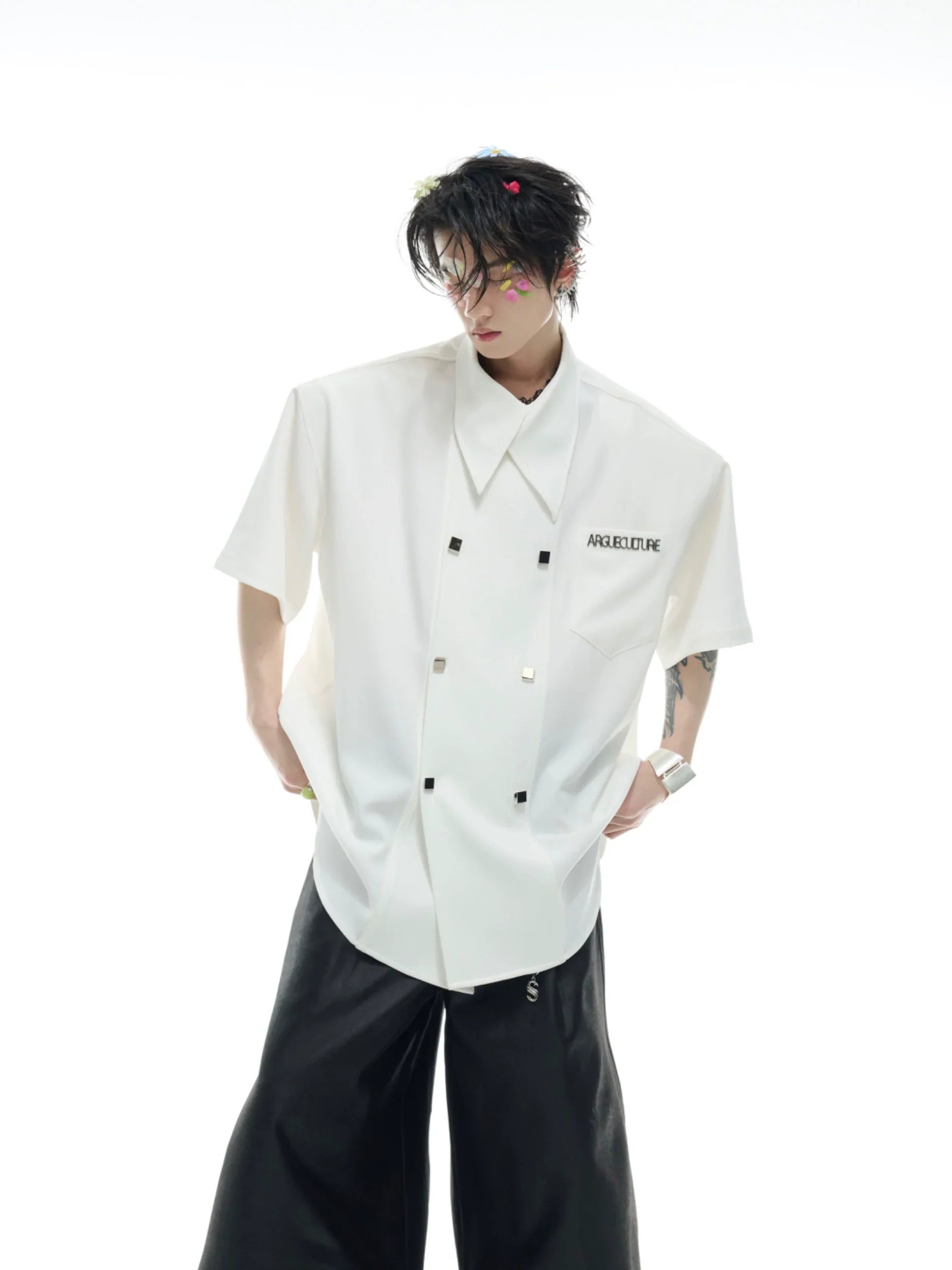 Double-Breasted Design Oversize Short Sleeve Shirt