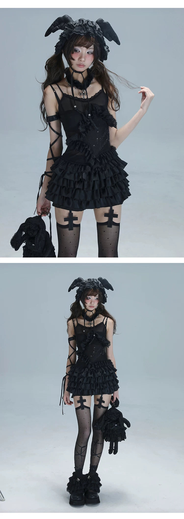 Lace Spaghetti Strap Tiered Ruffle Oversize Short Dress & Underwear Set