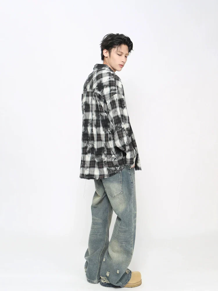 Tie-Dye Plaid Whisker Hem Long Sleeve Shirt