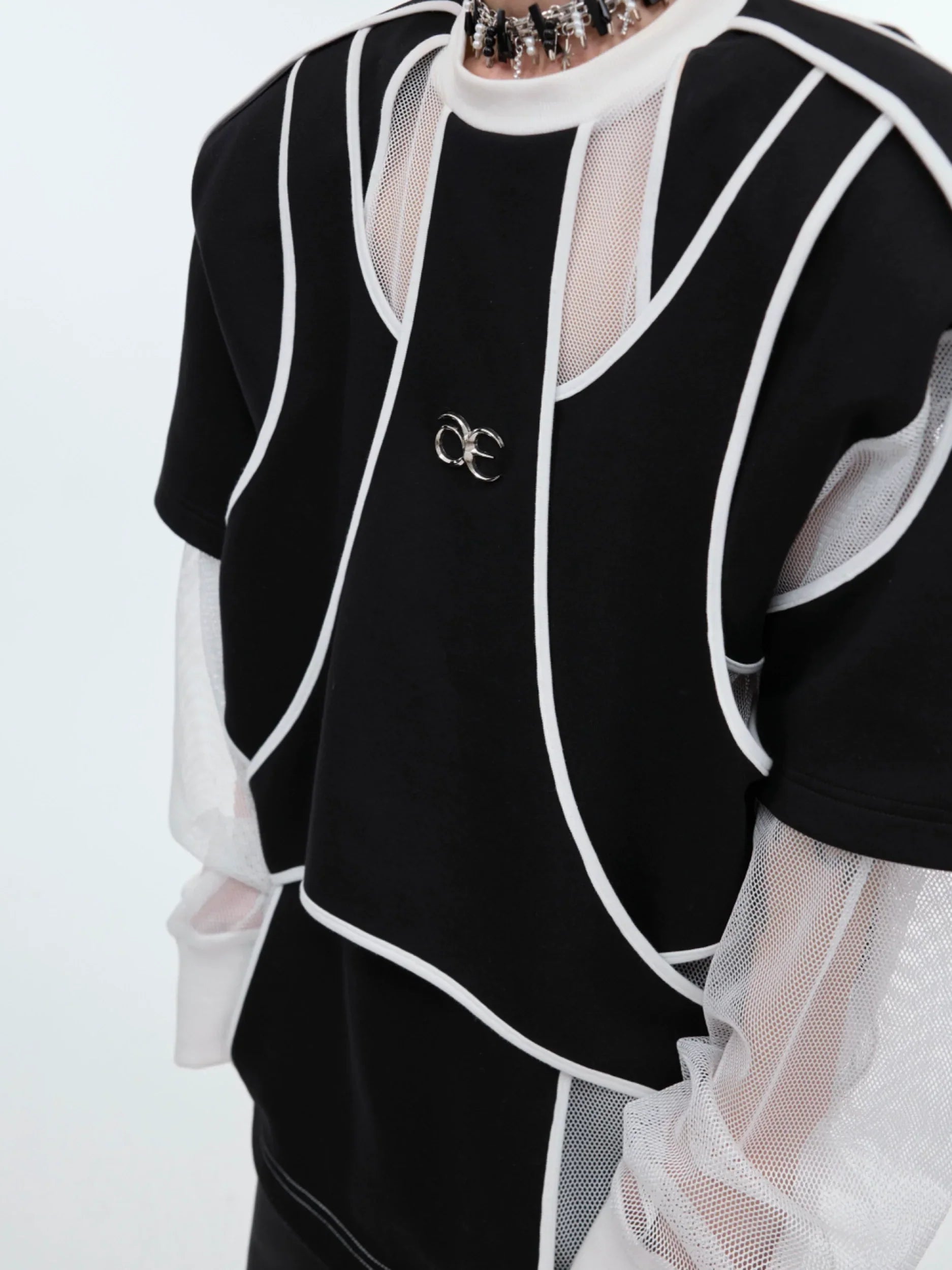 Fake Layered Shoulder Pad Round Neck Sweatshirt