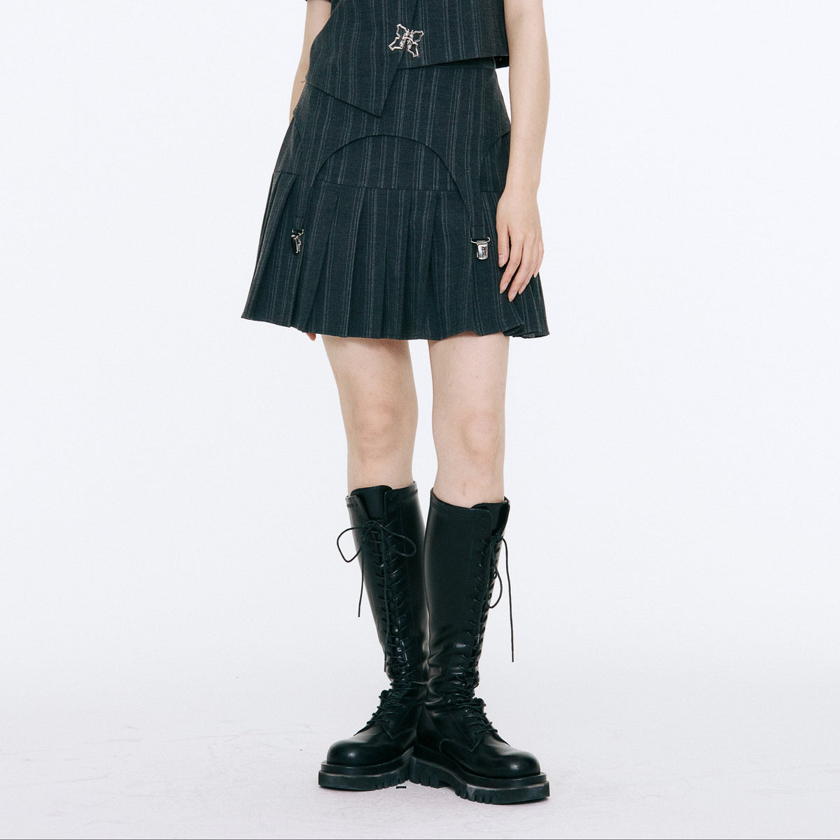 Bow Detail Pinstripe Cropped Shirt & Pleated Skirt Setup