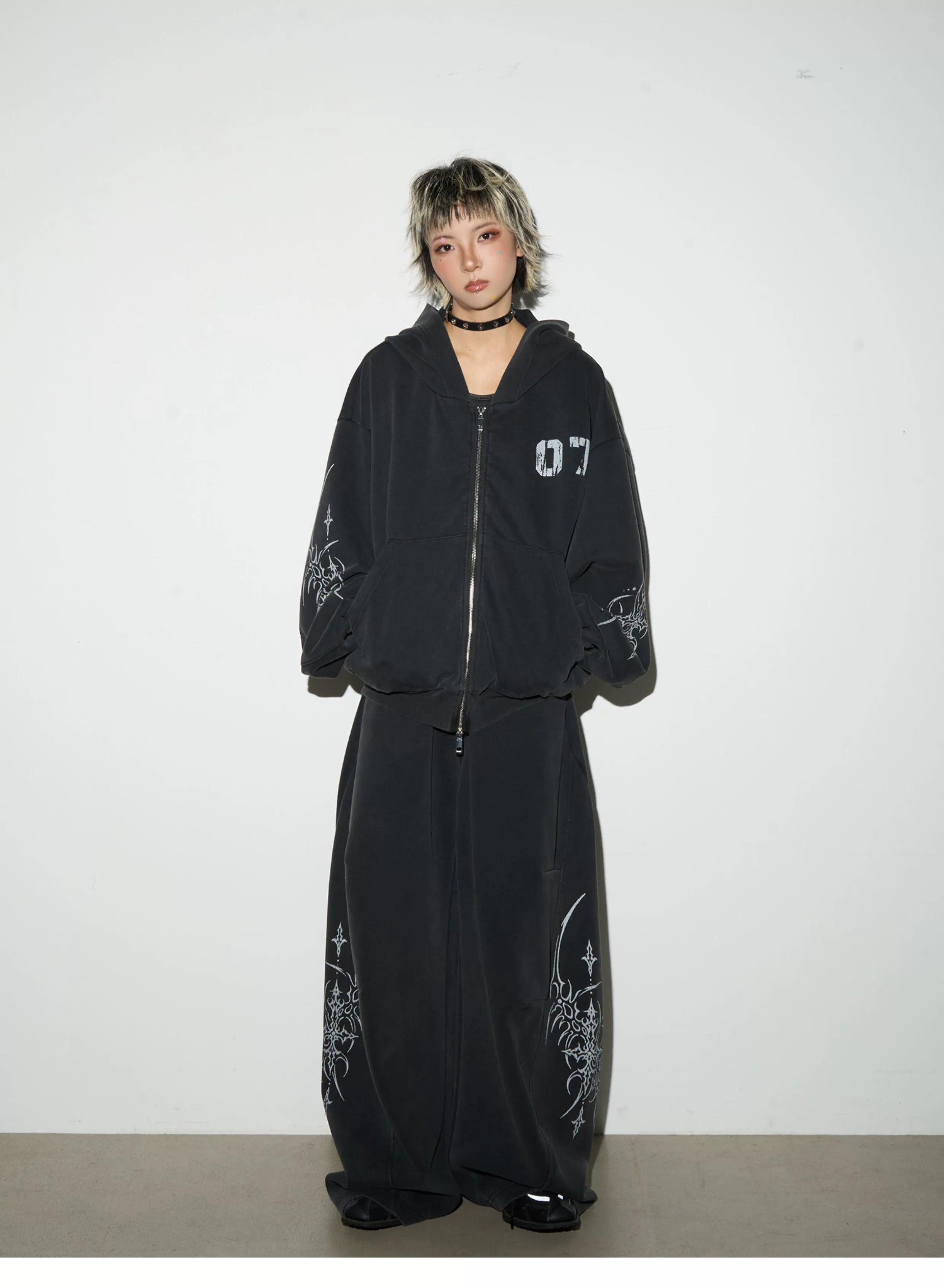 Graphic Print Oversize Zipper Hoodie & Wide Leg Sweatpants Setup