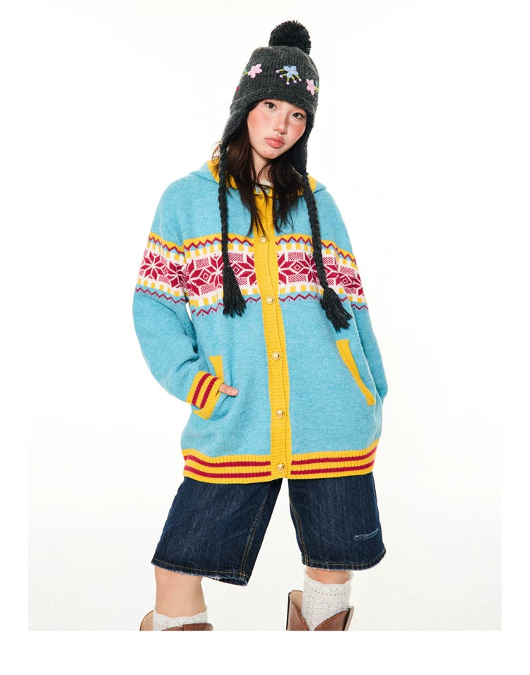 Contrast Pattern Hooded Knit Cardigan