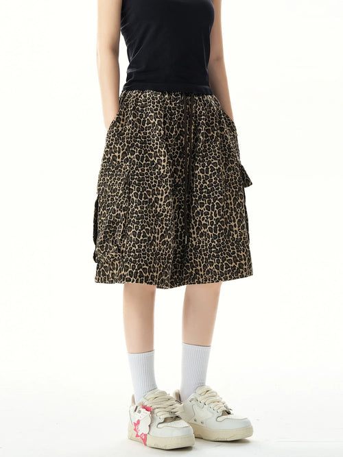 Leopard Print Wide Leg Shorts - Brown / M